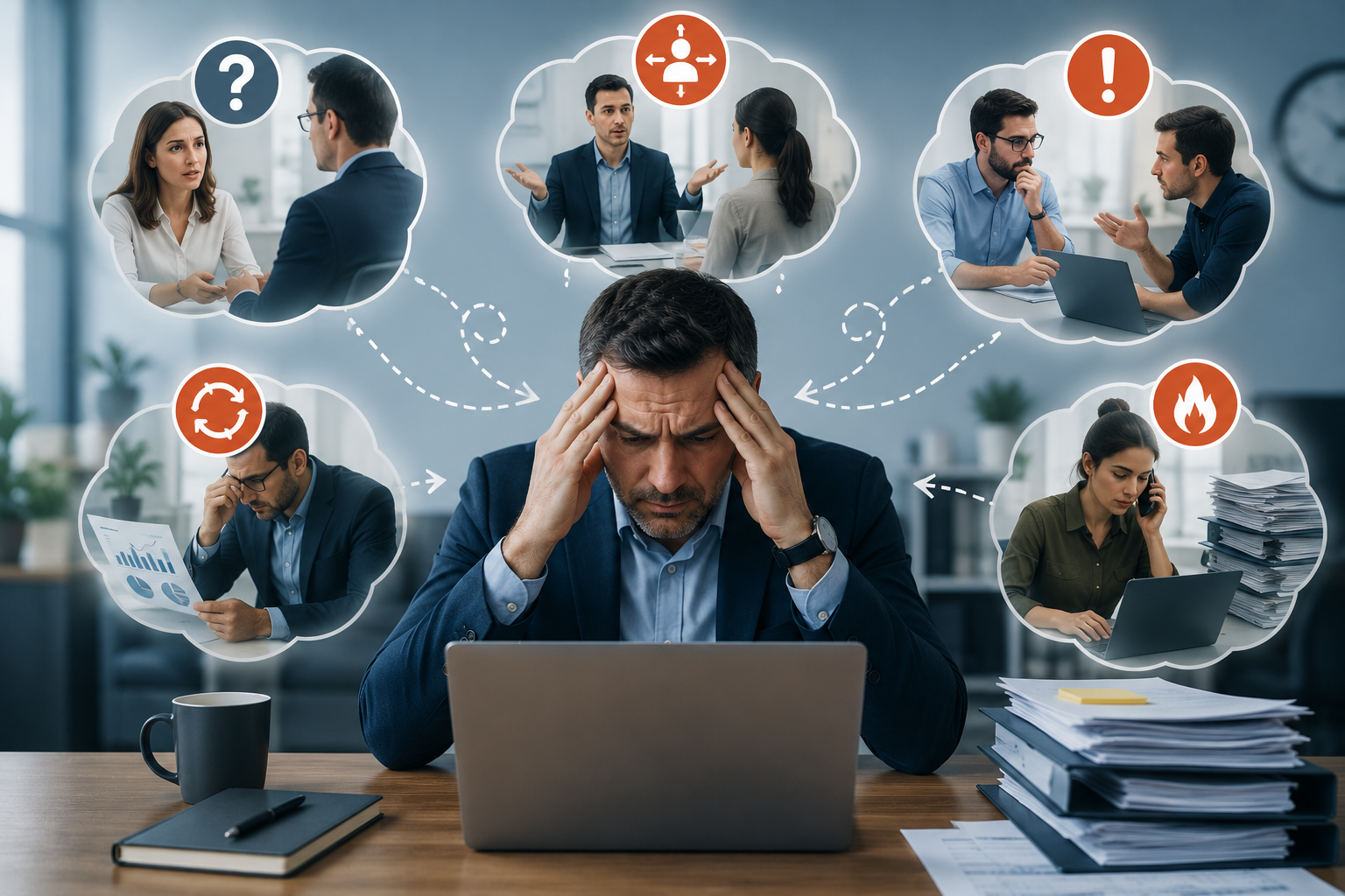 Business leader overwhelmed by recurring team problems, weak accountability, and employees returning decisions Business leader overwhelmed by recurring team problems, weak accountability, and employees returning decisions