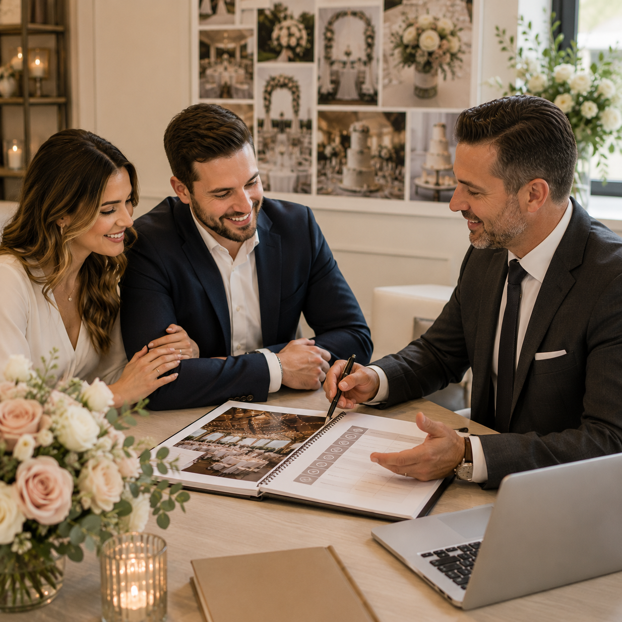 Wedding planner reviewing event details with engaged couple