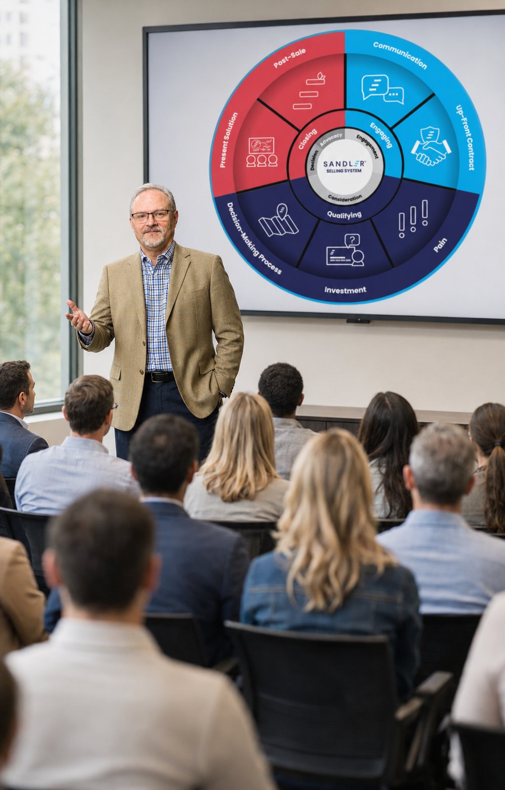 Robert Trabosh leading a live Sandler sales training class for business professionals, featuring the Sandler Selling System wheel on screen at Tridenza Authorized Training Center. Robert Trabosh leading a live Sandler sales training class for business professionals, featuring the Sandler Selling System wheel on screen at Tridenza Authorized Training Center.