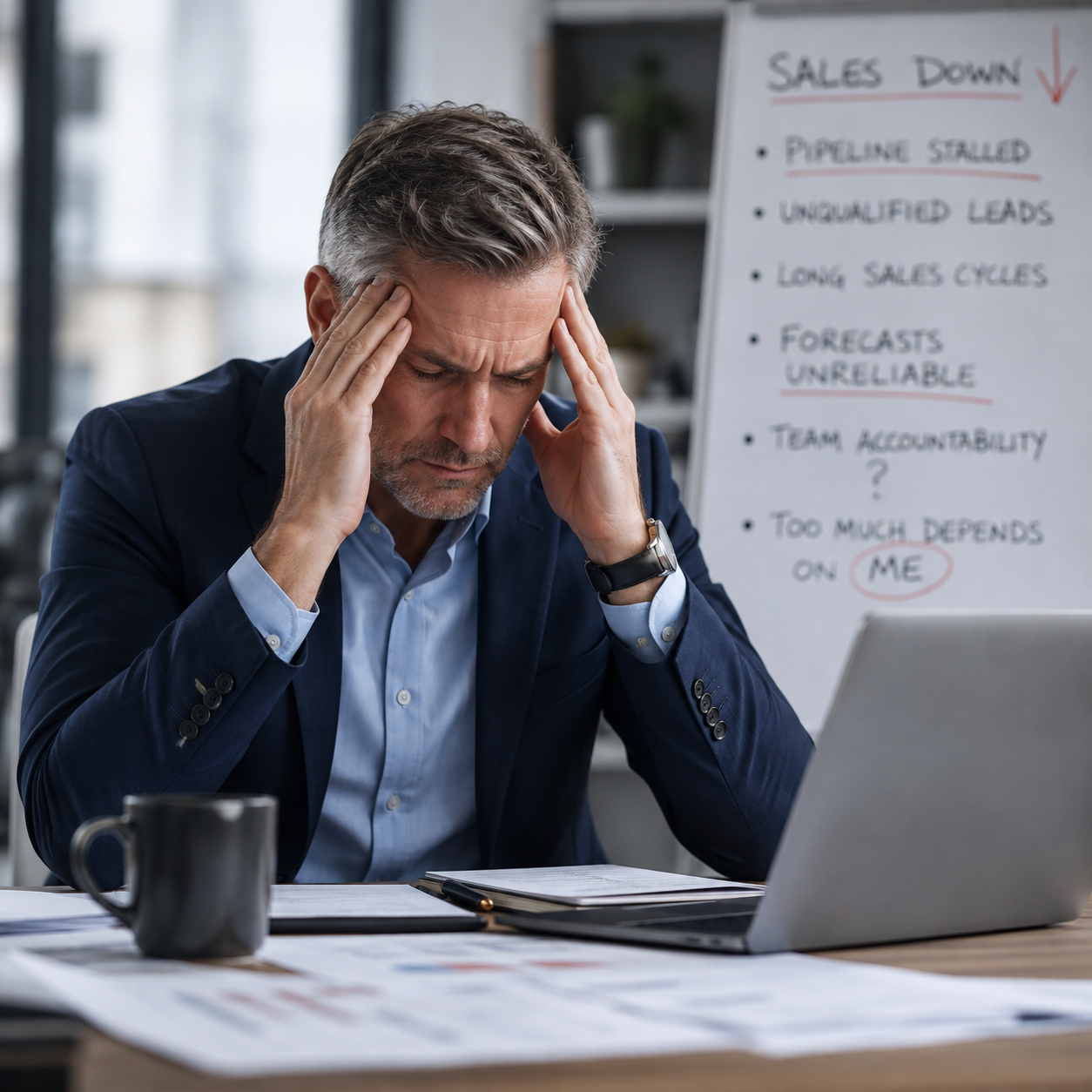 Stressed business owner reviewing stalled sales pipeline, unqualified leads, long sales cycles and unreliable forecasts Stressed business owner reviewing stalled sales pipeline, unqualified leads, long sales cycles and unreliable forecasts
