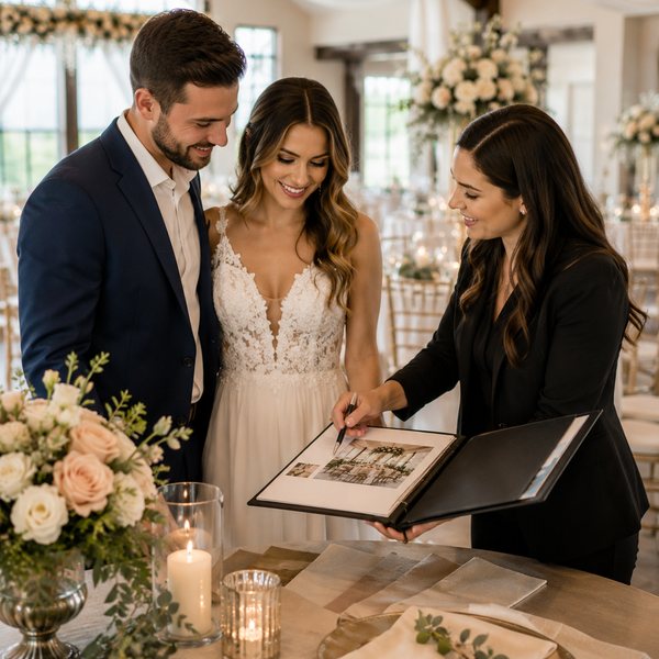 Wedding sales consultant meeting with bride and groom Wedding sales consultant meeting with bride and groom